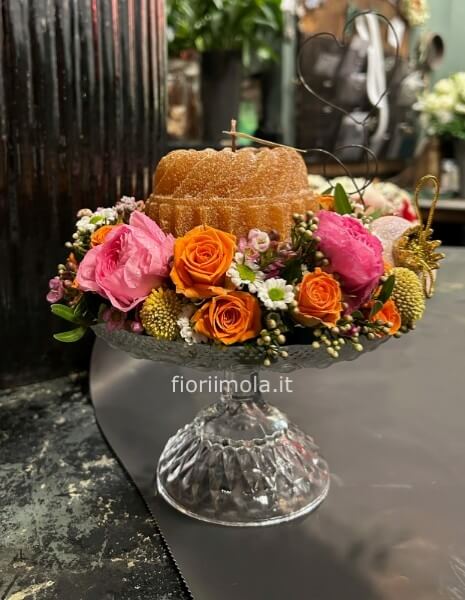 Centrotavola alzata vetro con fiori misti