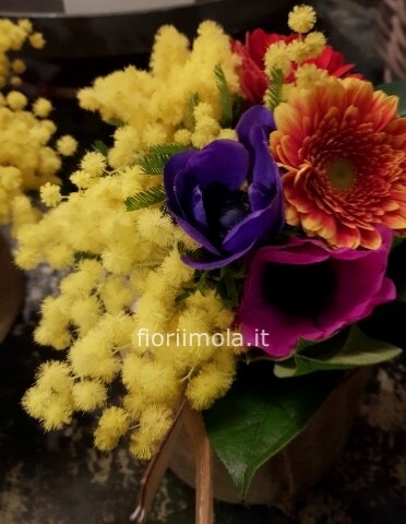 Composizione con fiori di stagione e mimosa.